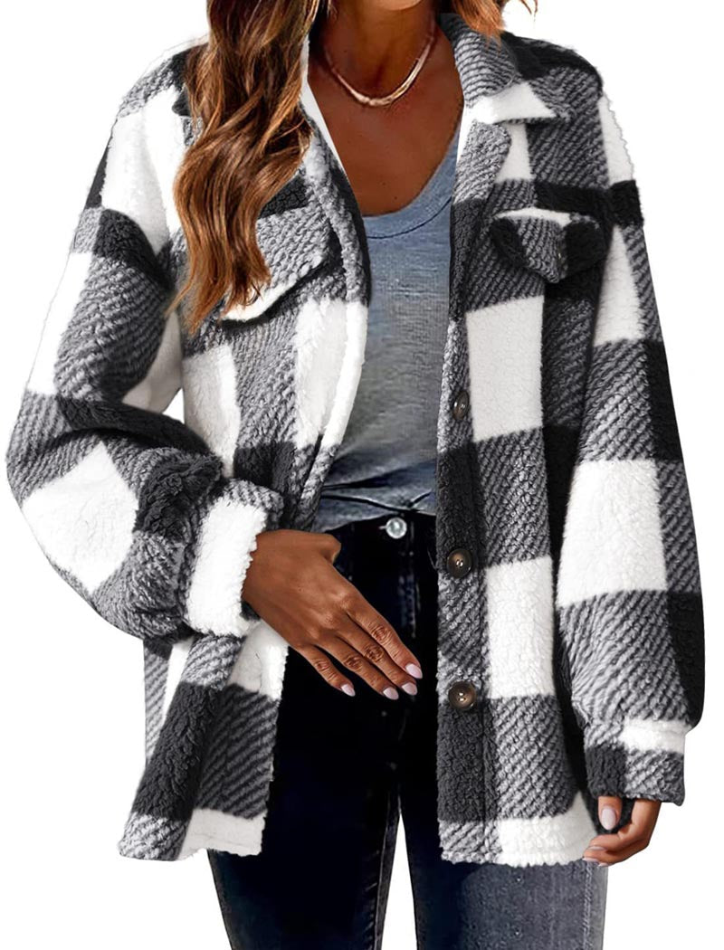 Plaid Sherpa Jacket with Button Closure