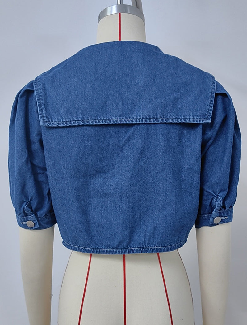 Washed Navy Collar Denim Jacket