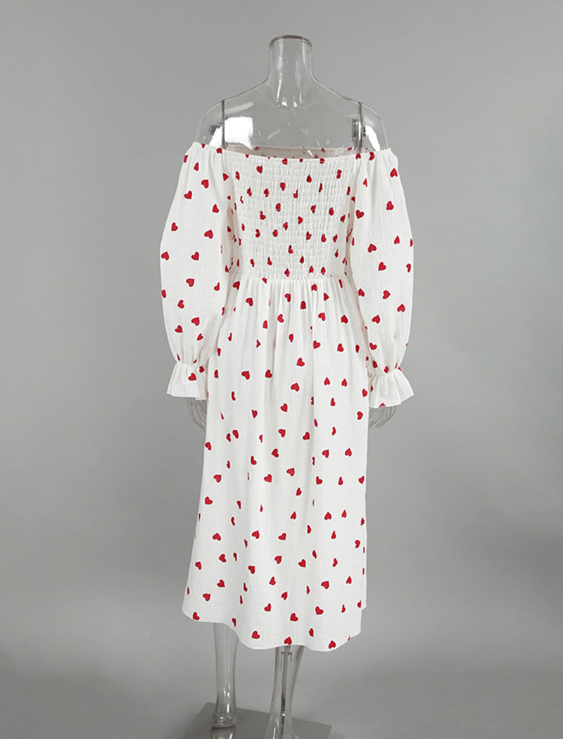 Heart Print Slit Long Sleeve Nightgown