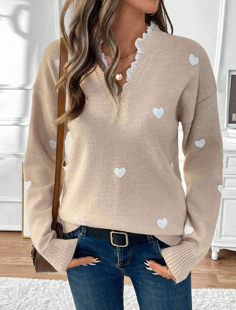 V-Neck Knitted Sweater with Lace Trim