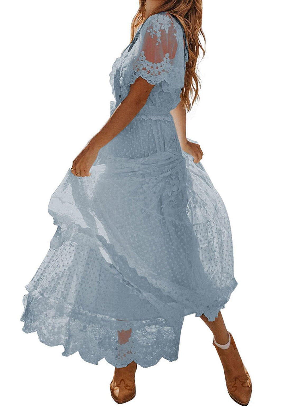 V-Neck Short Sleeve Lace Dress