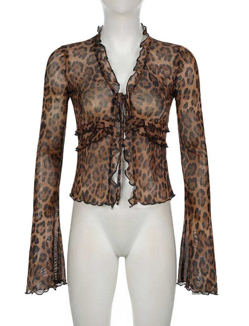 Sheer Leopard Print Long Sleeve Top