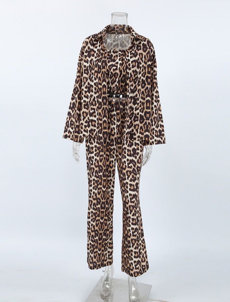 Leopard Print Square Neck Long Sleeve Crop Top and Pants Set