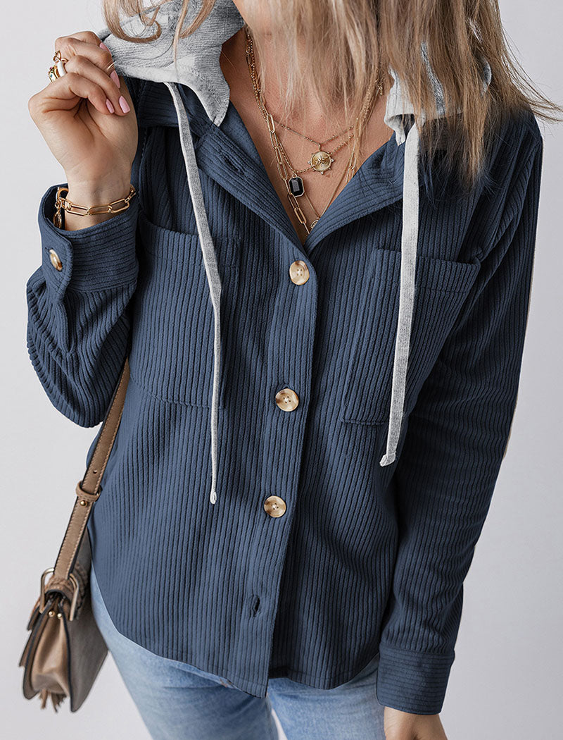 Button-Up Hooded Casual Long Sleeve Top