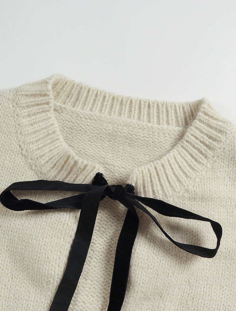 Bow-Knot Colorblock Lace-Up Long Sleeve Knit Top