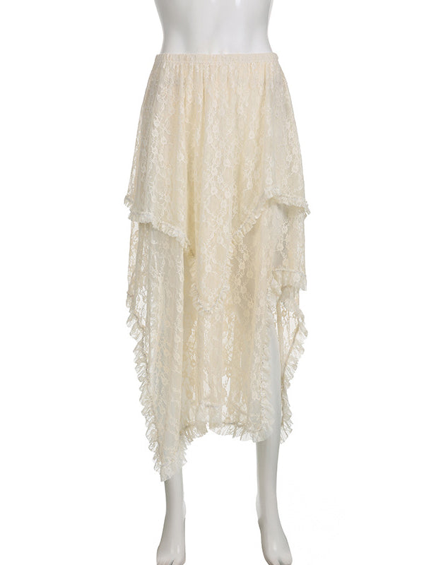 Sheer Lace Asymmetrical Midi Skirt