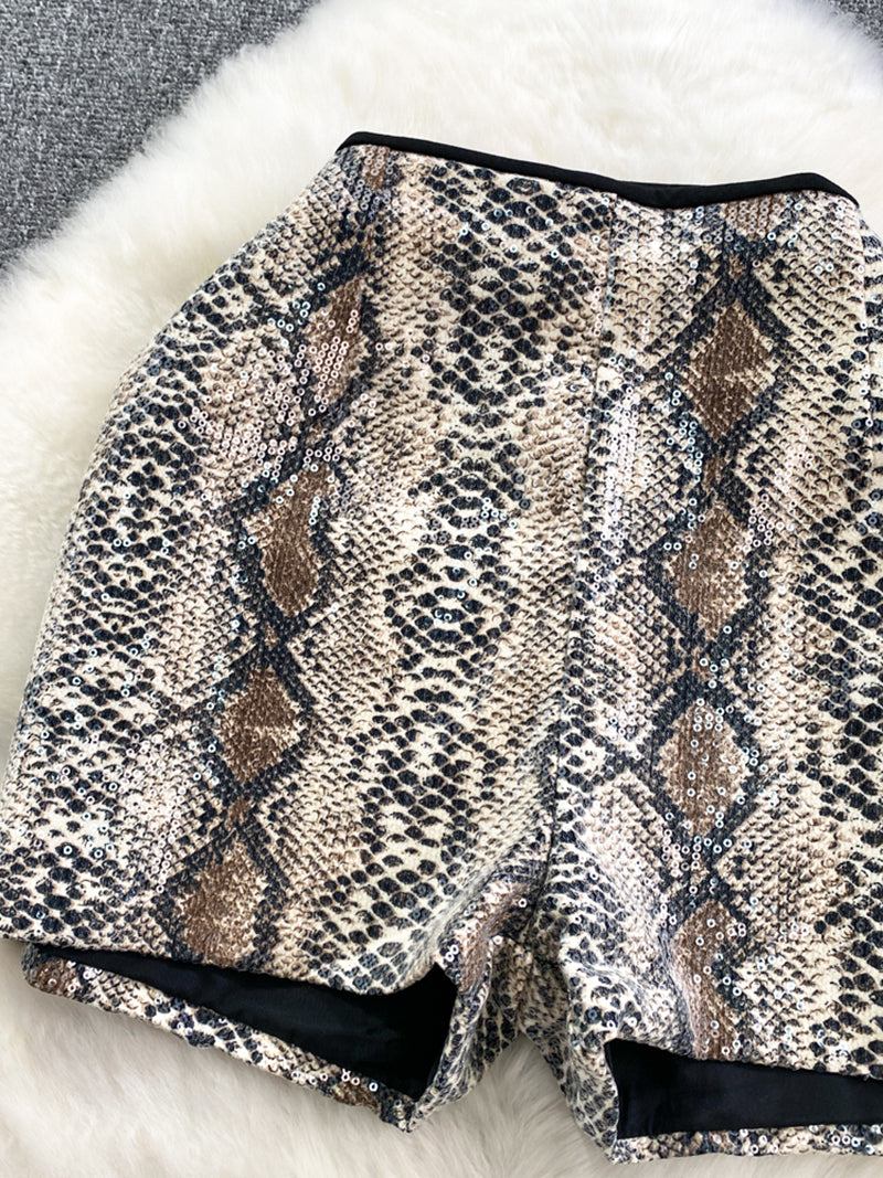 Animal Print Sequin High-Rise Shorts