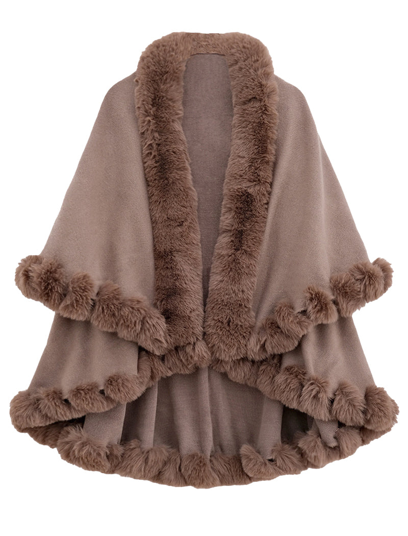 Faux Fur Trimmed Shawl Cape