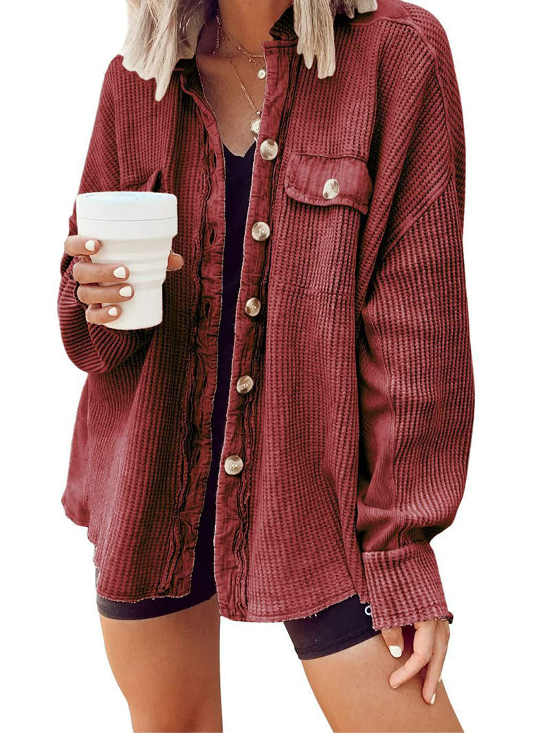 Button-Up Frayed Waffle Shacket