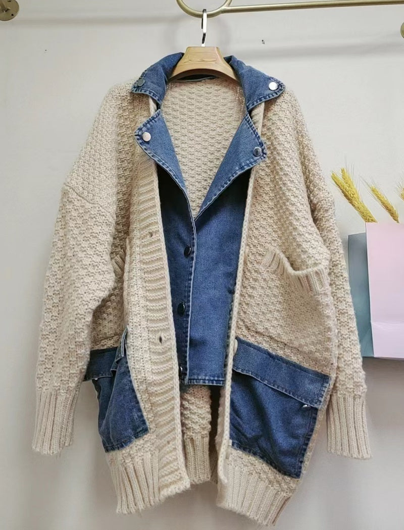 Oversized Knit Cardigan with Denim Panels