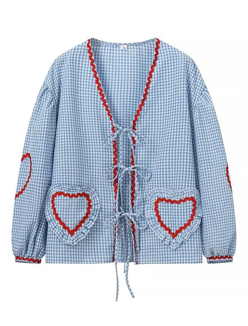 Heart Pocket Checkered Loose Long Sleeve Shirt