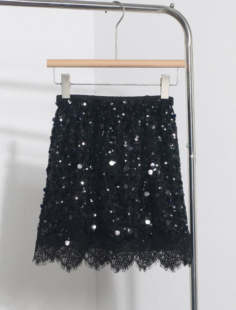 Glitter Sequin Lace Hem Mini Skirt