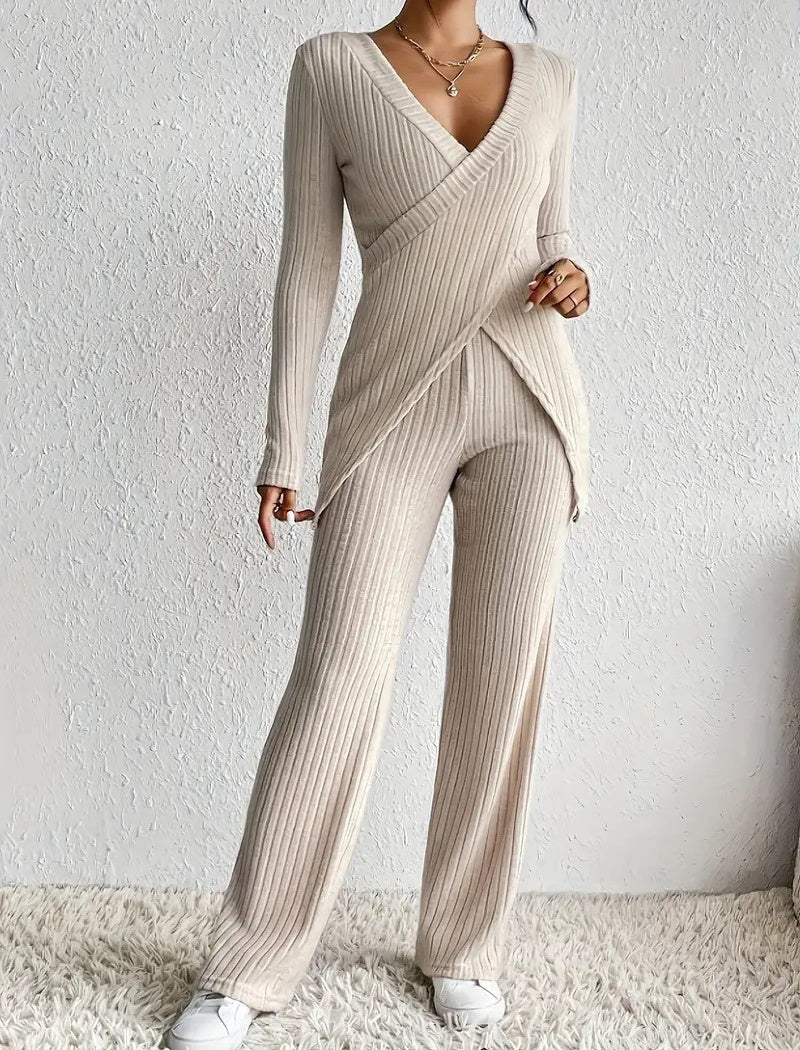 High-Waist Knit Long Sleeve Pants Set