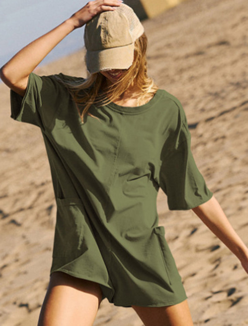 Short Sleeve Backless V-Neck Loose Romper