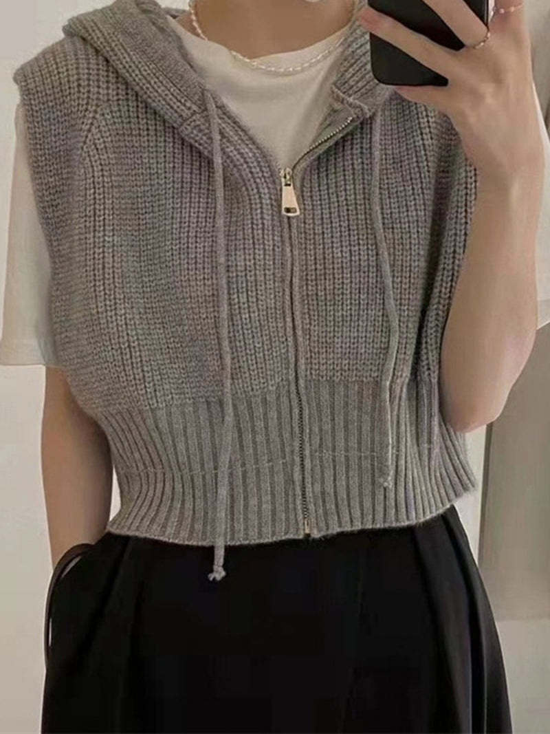 Hooded Zip-Up Knit Vest