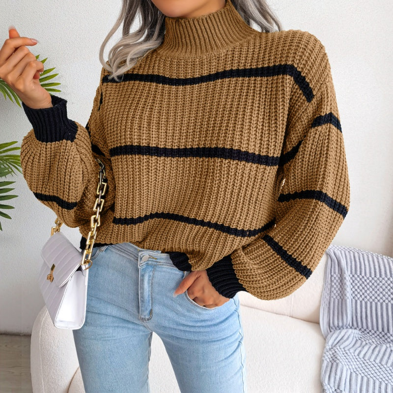 Striped Mock Neck Pullover Sweater