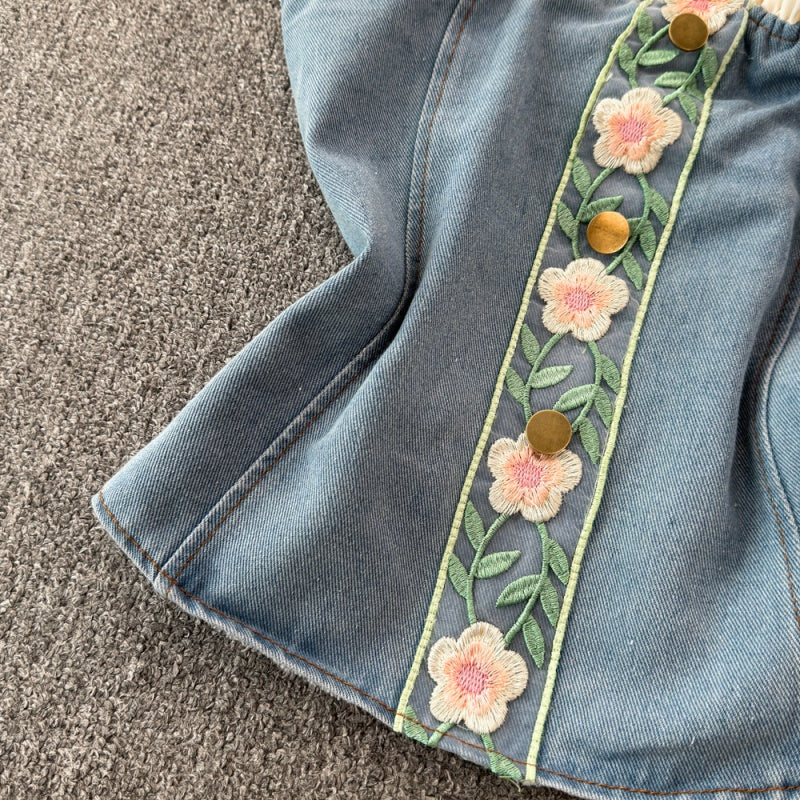 Ruffle Trim Off-Shoulder Denim Bustier