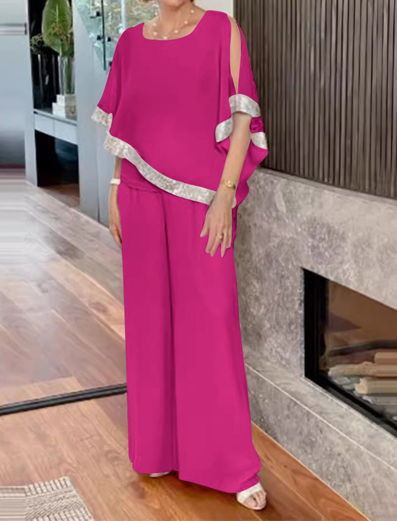 Sequin Color-Block Batwing Sweater and Wide-Leg Pants Set