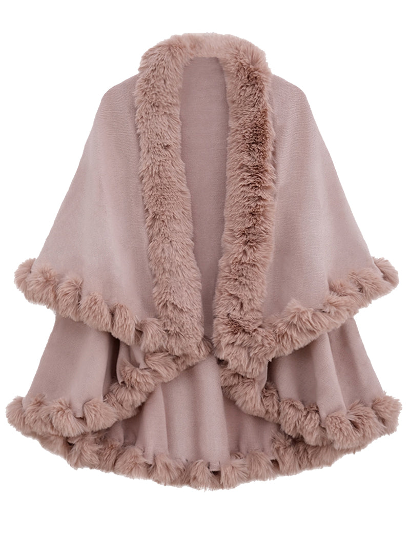 Faux Fur Trimmed Shawl Cape