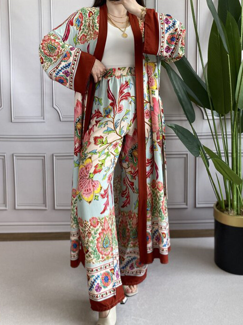 Floral Print Open Front Kimono and Wide-Leg Pants Set