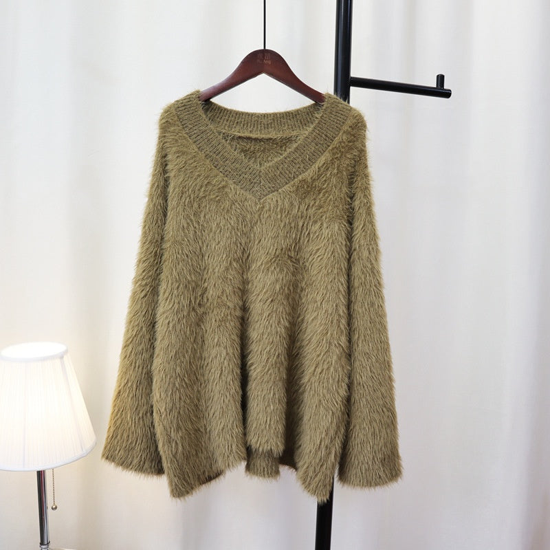 Fluffy V-Neck Loose Knit Sweater