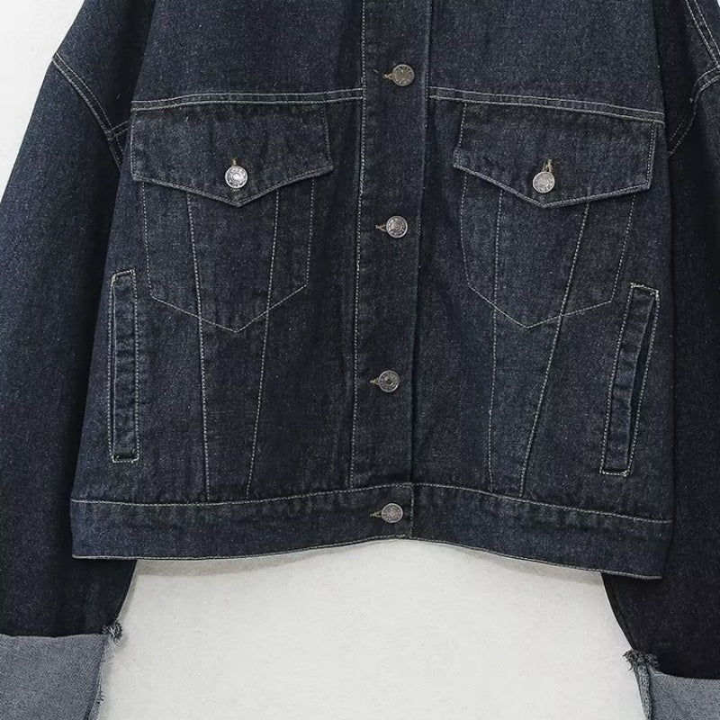 Cropped Denim Jacket with Cuffed Sleeves