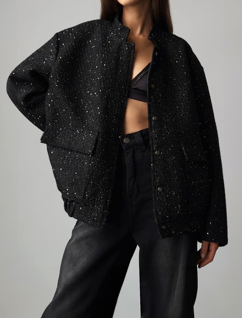 Sequin Stand-Collar Loose Jacket