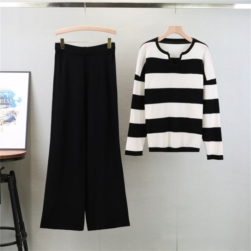 Striped Knit Sweater and Wide-Leg Pants Set