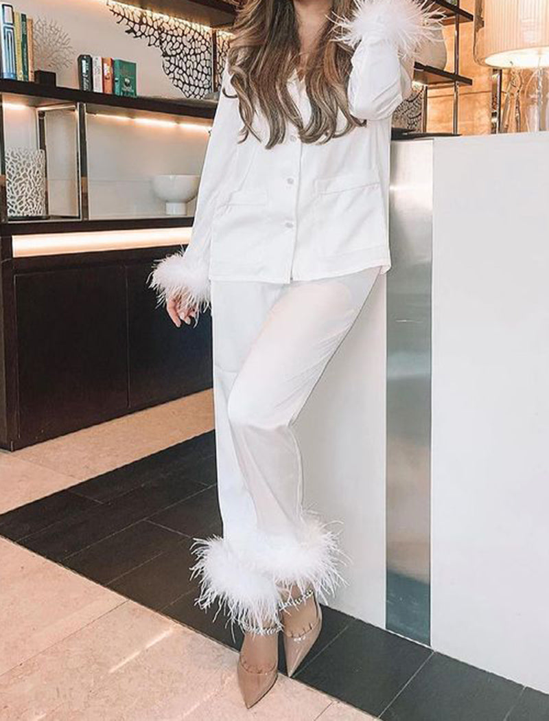 Feather Trim Button-Up Pajama Set