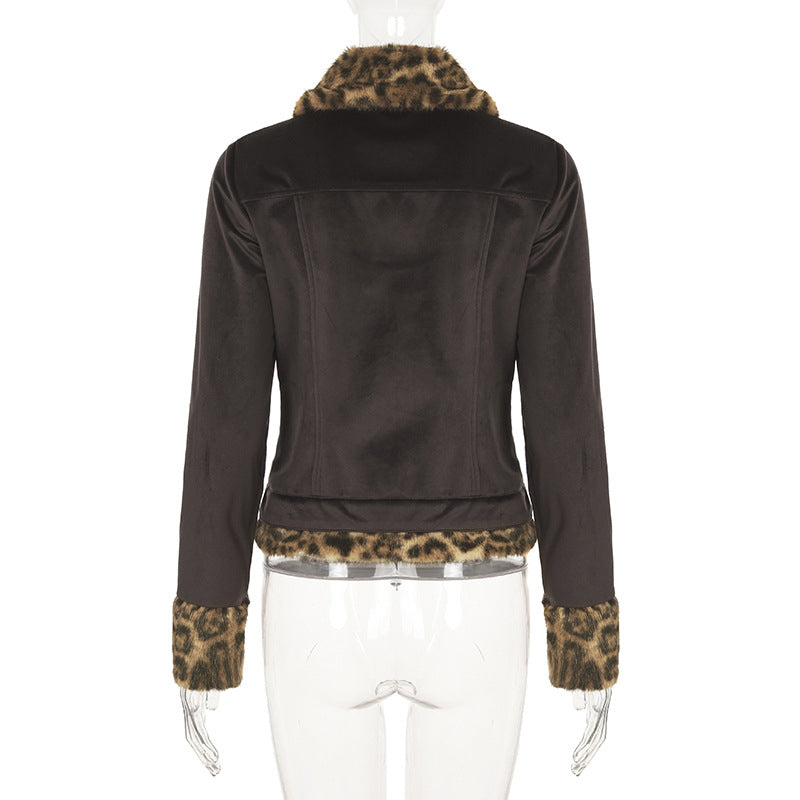 Leopard Fur Panel Collared Two-Tone Jacket