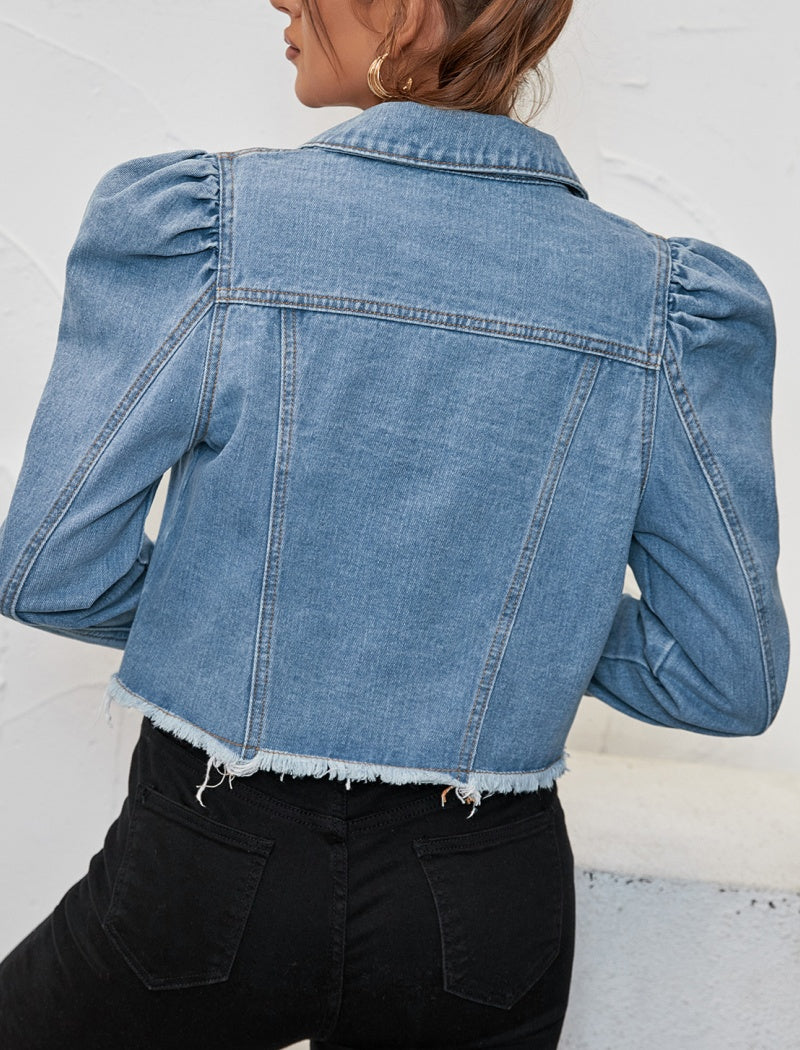 Puff Shoulder Cropped Denim Jacket