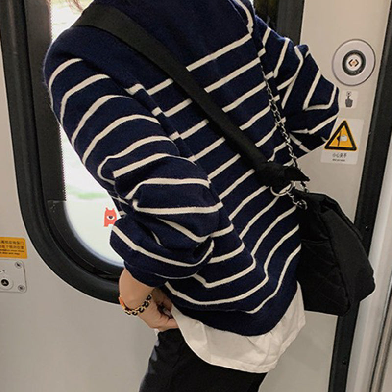 Knit Striped Half-Button V Neck Sweater