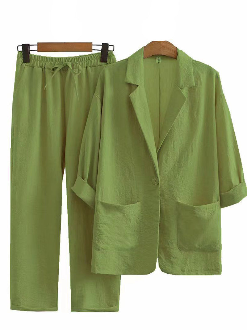 Solid Blazer and Drawstring Pants Set