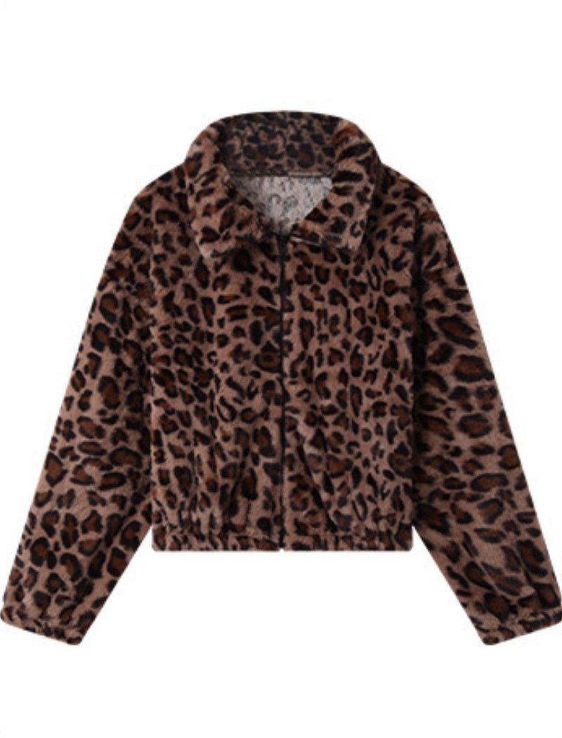 Cropped Animal Print Faux Fur Jacket