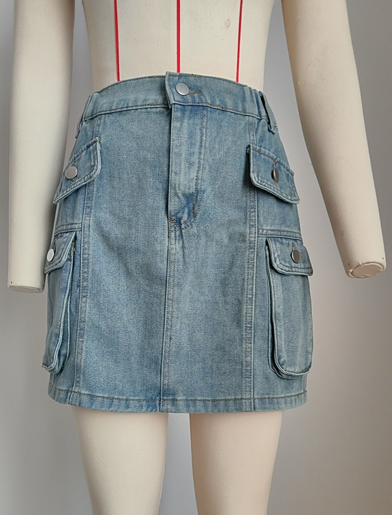 High-Waist Utility Pocket Denim Skirt