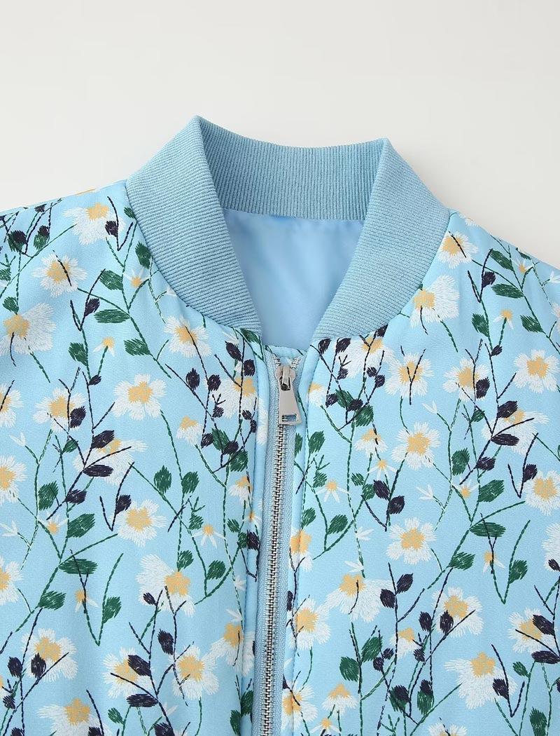 Floral Print Zipper Bomber Quilted Jacket