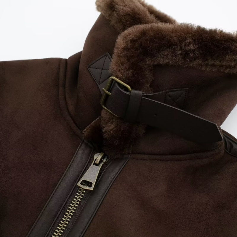 Cropped Shearling Collar Bomber Jacket