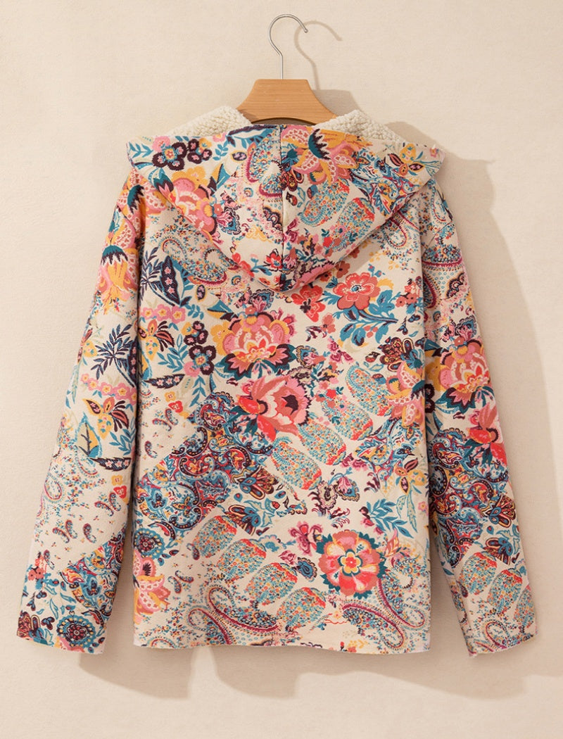 Floral Print Hooded Jacket with Fleece Lining