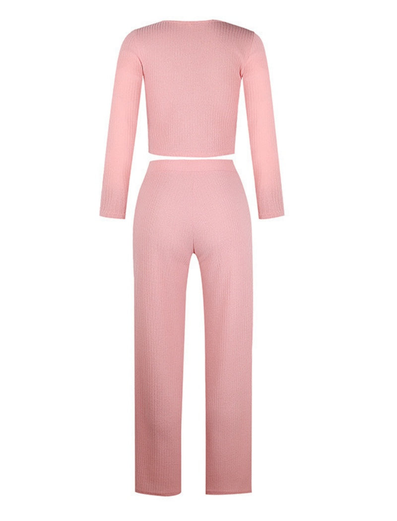 Button-Front Ribbed Two-Piece Set
