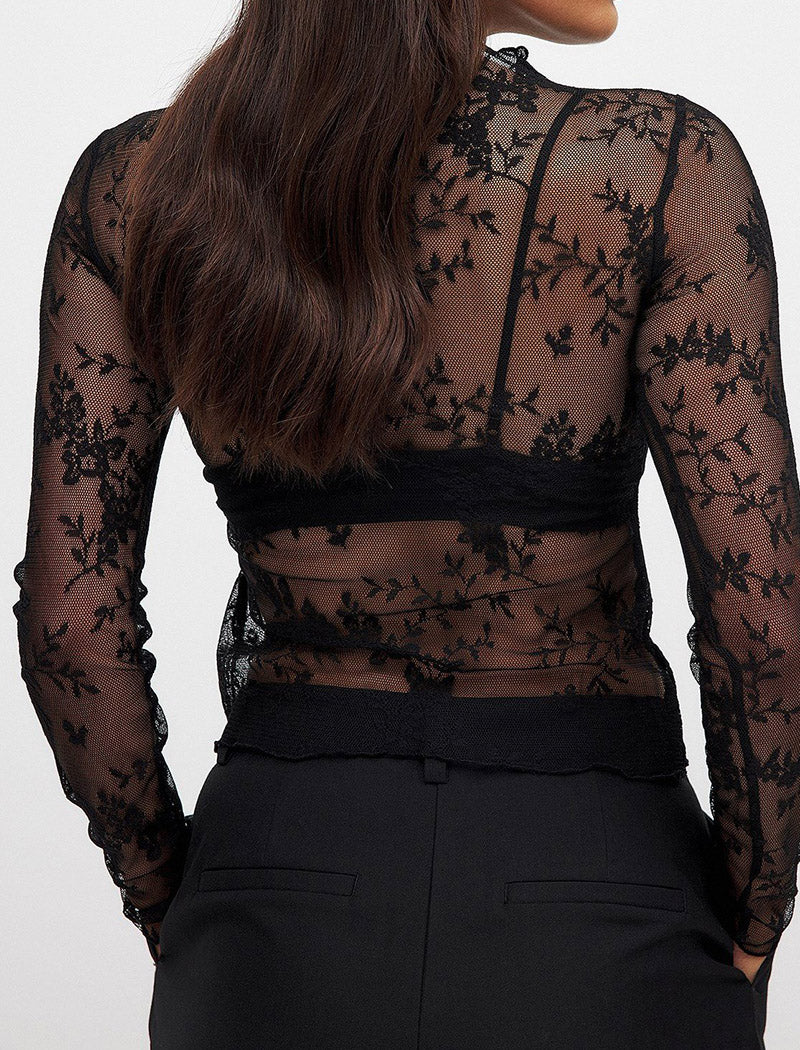 Sheer Floral Lace Long Sleeve Top