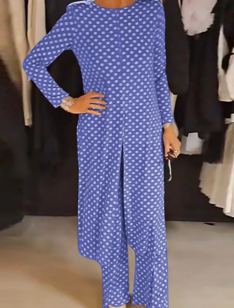 Crewneck Long Sleeve Split Polka Dot Pants Set