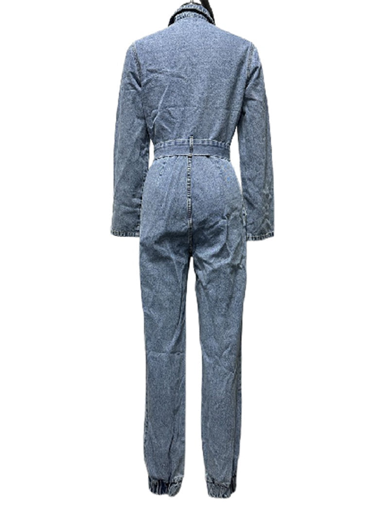 Belted Denim Jumpsuit with Pocket Details