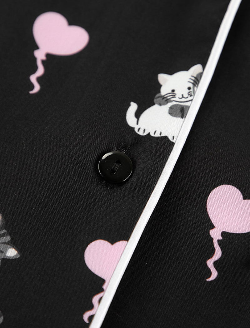 Satin Pajama Set with Cat Print