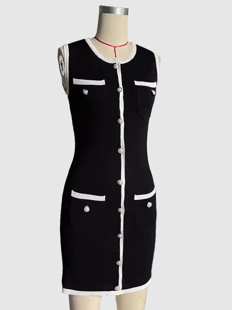 Button-Front Pearl Sleeveless Mini Dress