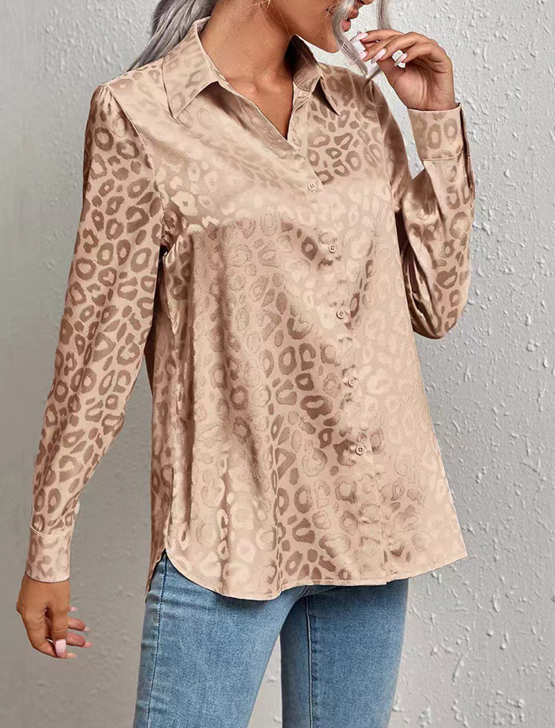 Long Sleeve Satin Jacquard Leopard Shirt