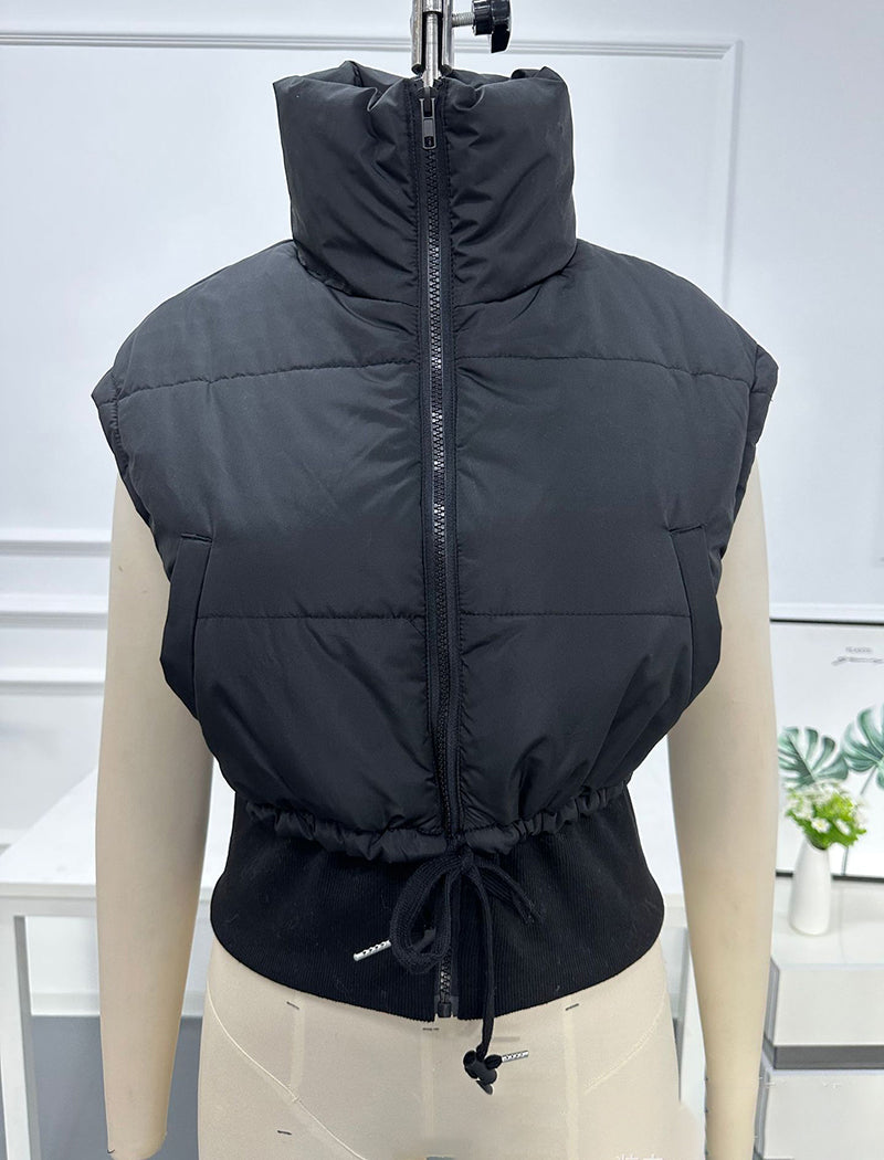 Crop Padded Vest with Drawstring and Zipper