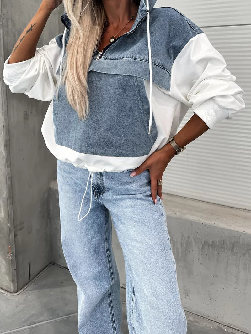 Patchwork Hooded Denim Pullover