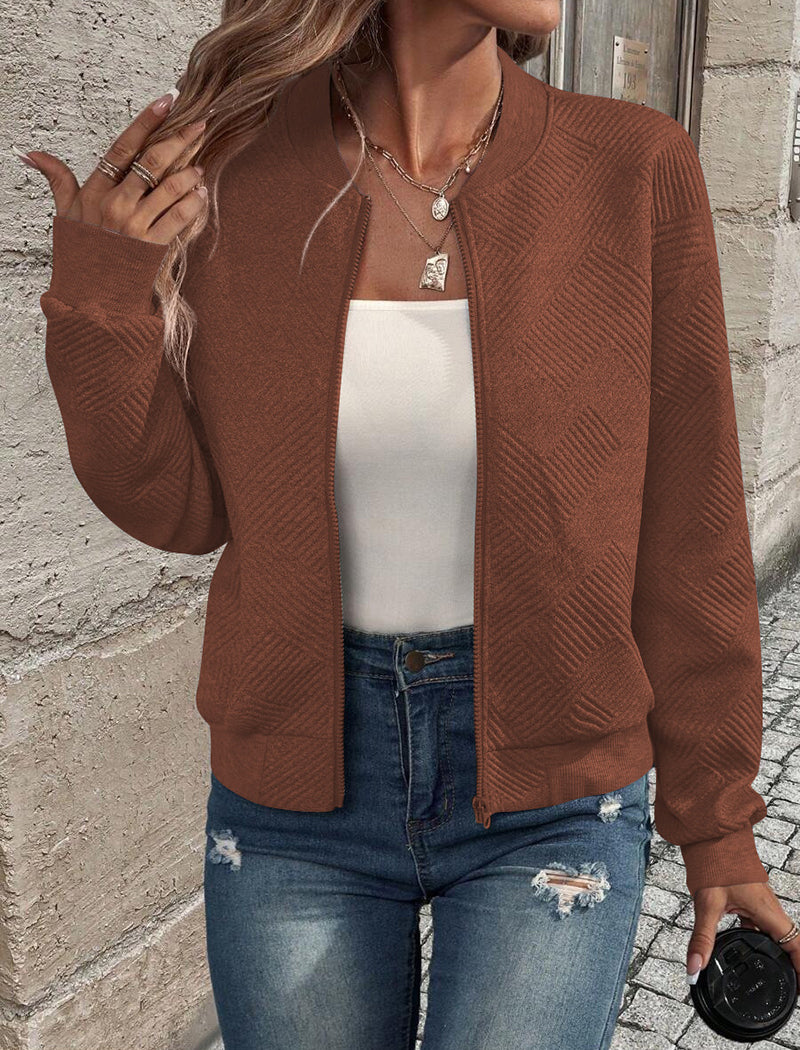 Textured Bomber Jacket with Zipper Closure