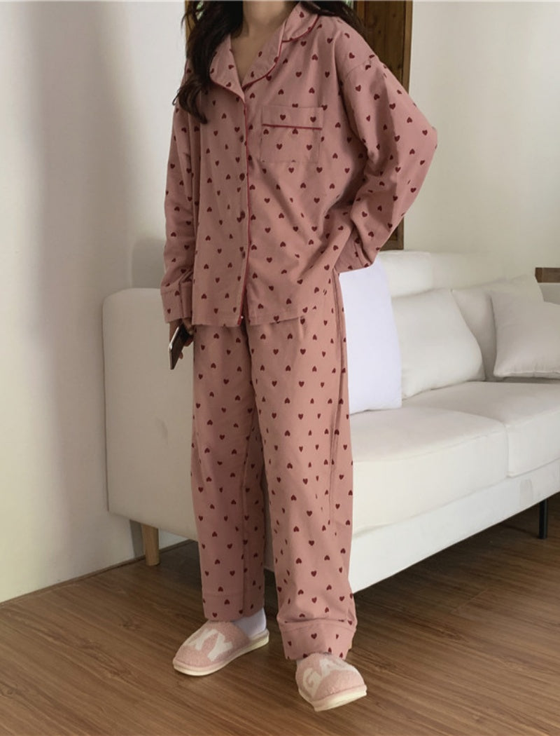 Brushed Heart Print Long Sleeve Pajamas