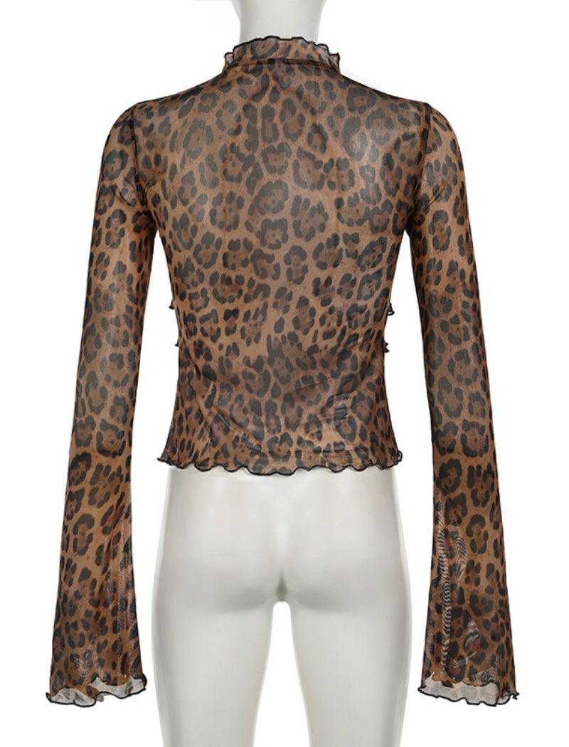 Sheer Leopard Print Long Sleeve Top